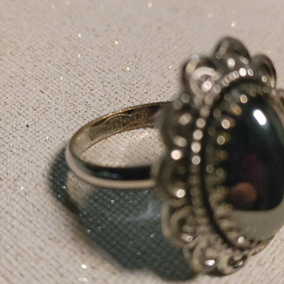 Whiting Davis Vintage Signed Silvertone Ring Size 8 Hematite Stone Oval Design - Picture 7 of 10